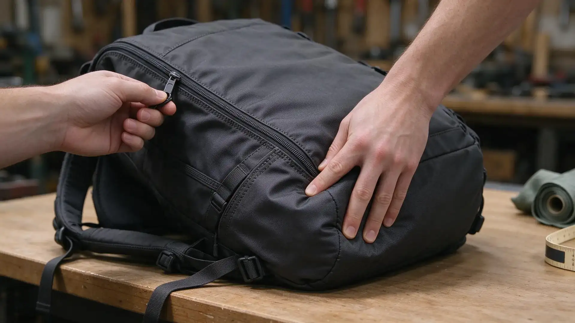 Hands inspecting a loaded heavy duty backpack zipper stress point, pressing the packed lower corner while holding the zipper pull at the curved end and dense reinforcement stitching.