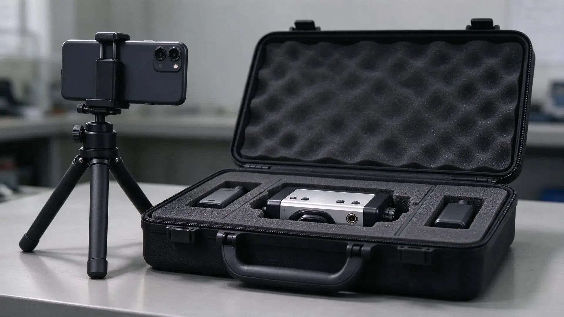 Open instrument carrying case during a loaded sample fit check with the instrument seated in foam and a phone on a tripod recording the layout.