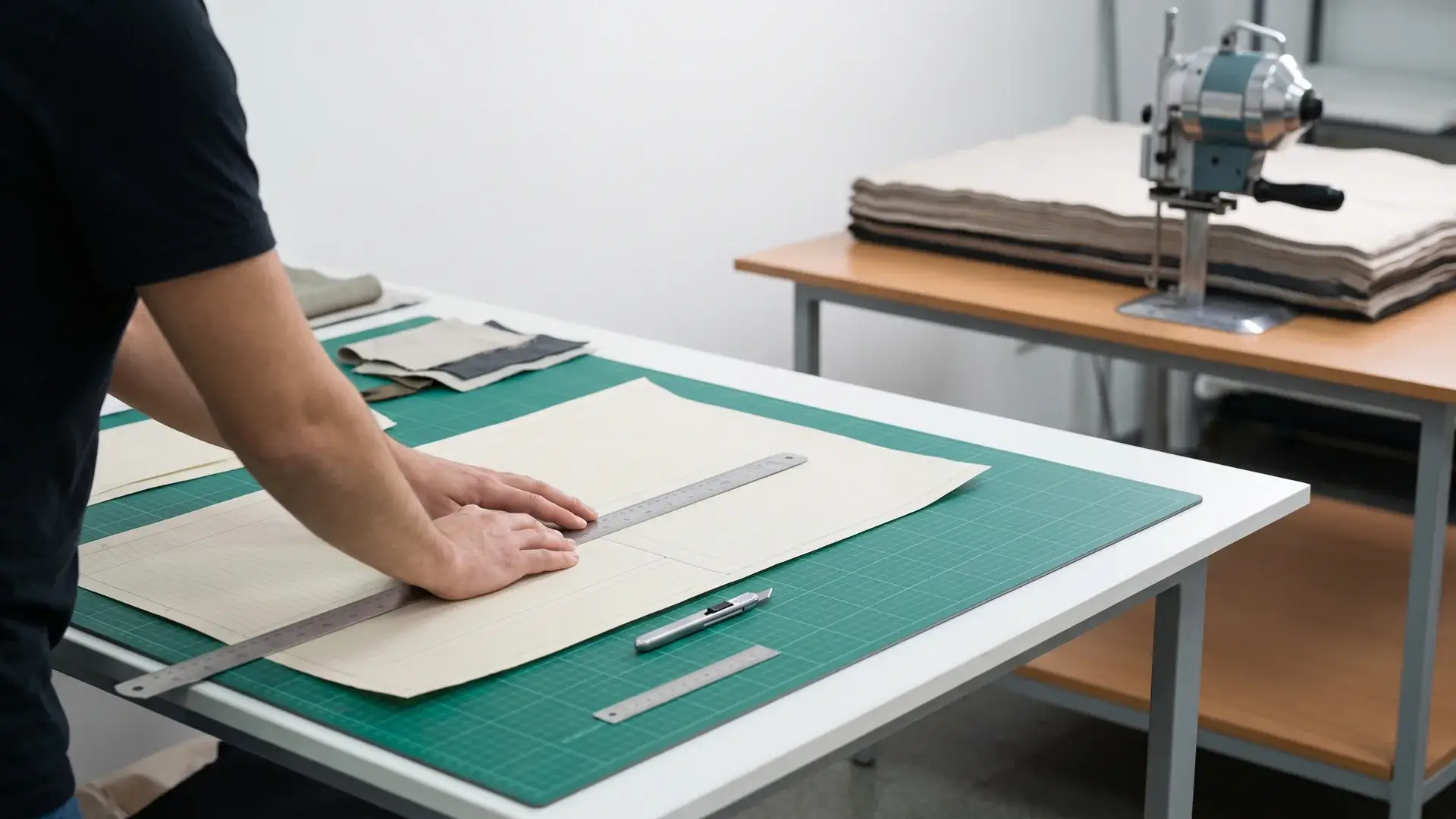 Manual bag pattern drafting table with paper patterns, fabric swatches, and cutting tools in the foreground, with a separate bulk fabric cutting machine behind it, showing the specialized labor driving bag prototype cost.