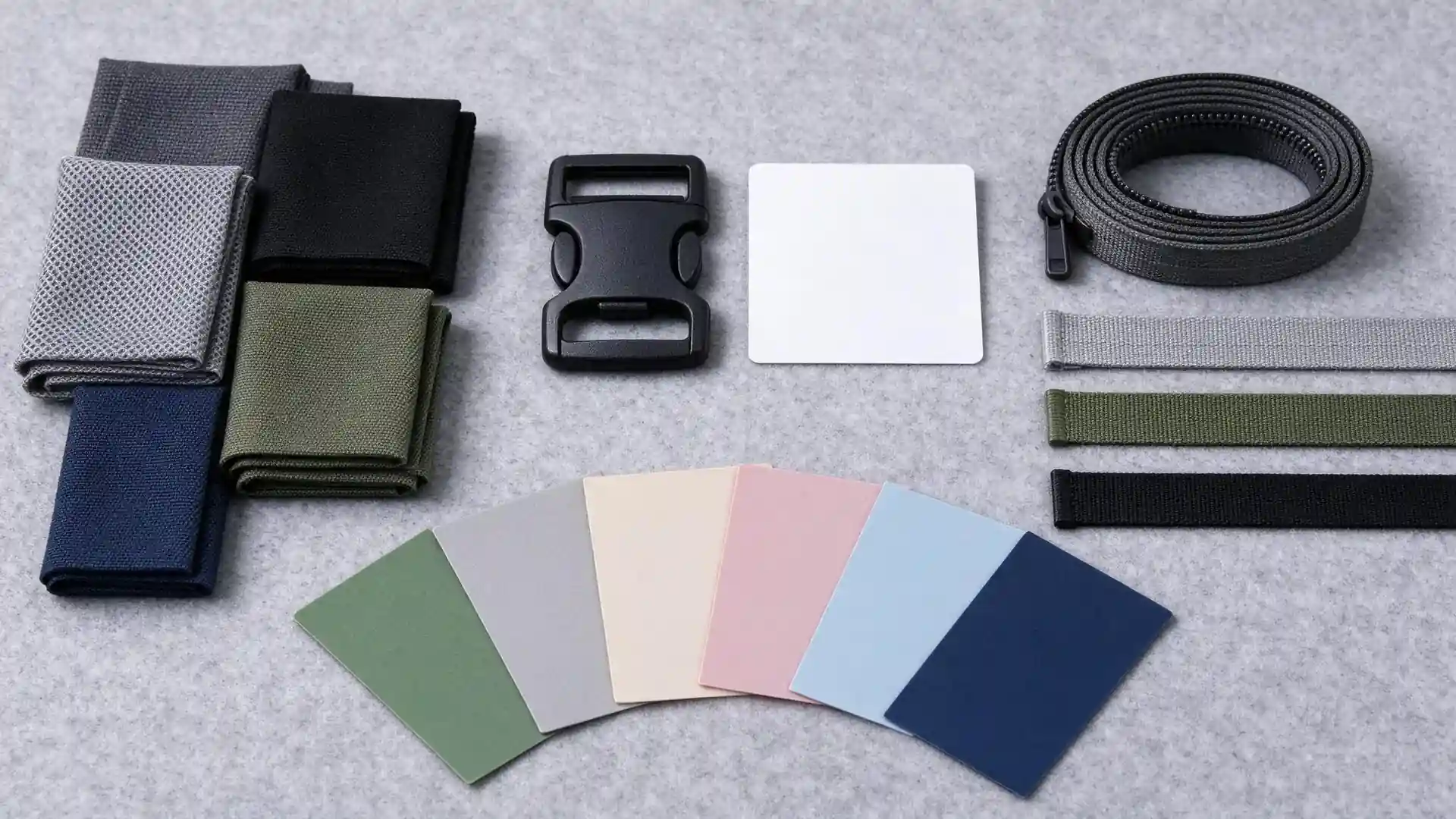 Material sourcing flat lay with polyester swatches, coil zipper roll, webbing, color chips, and buckle sample, showing material procurement risks that extend bag manufacturing lead time.