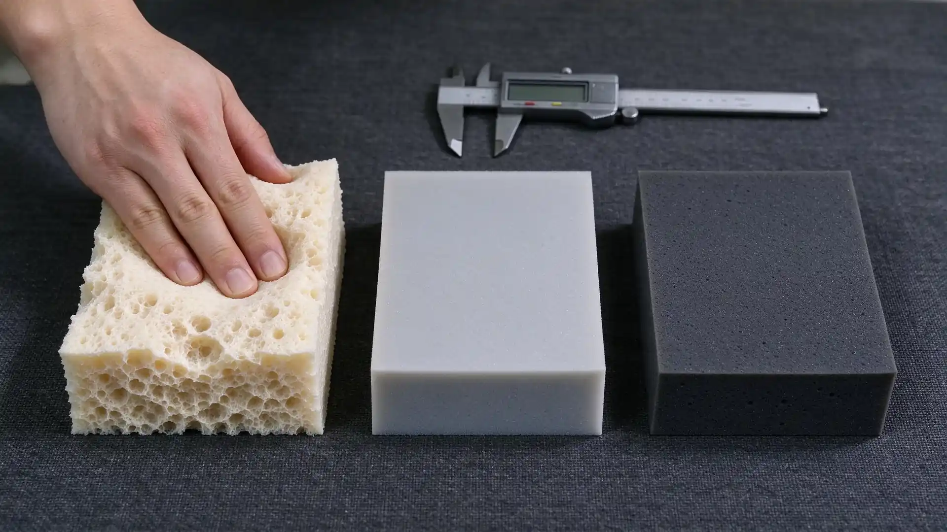 Three foam blocks compared for an instrument carrying case: soft open-cell PU foam, closed-cell PE foam, and anti-static foam, with a hand pressing the soft block.