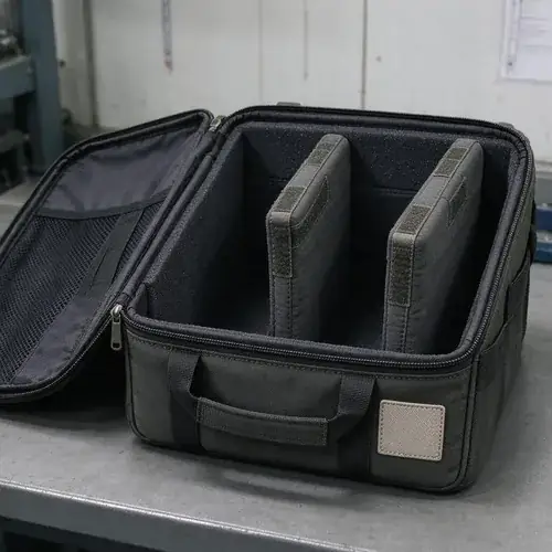 Open padded instrument carrying case with foam-lined main cavity and adjustable hook-and-loop dividers on a sample workbench.