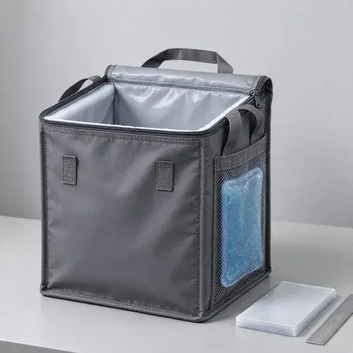 Open cold chain delivery bag with smooth EVA liner and flat gel coolant pack on a B2B sample inspection table.