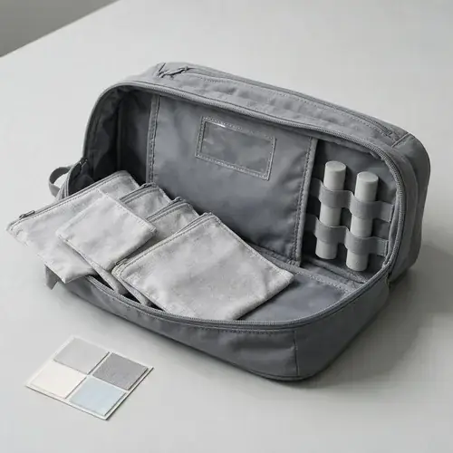 open-medical-organizer-bag-with-material-swatches Open medical organizer bag with removable pouches, elastic retainers, blank label window, and wipe-clean material swatches on a neutral worktable for healthcare sourcing evaluation.