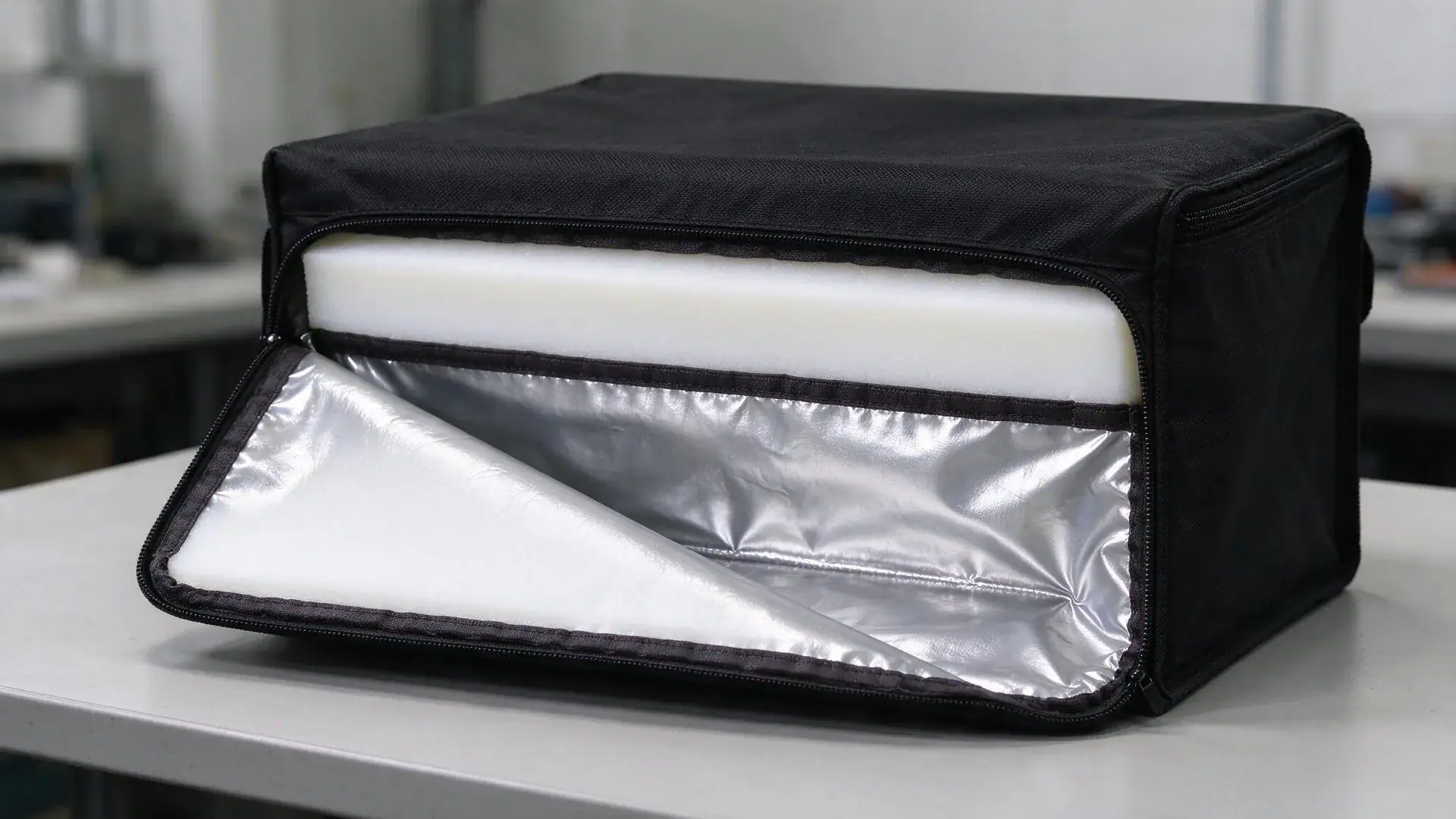 Open commercial pizza delivery bag showing outer shell, closed-cell foam insulation, reflective PEVA liner, and bound seam edge along the interior wall.