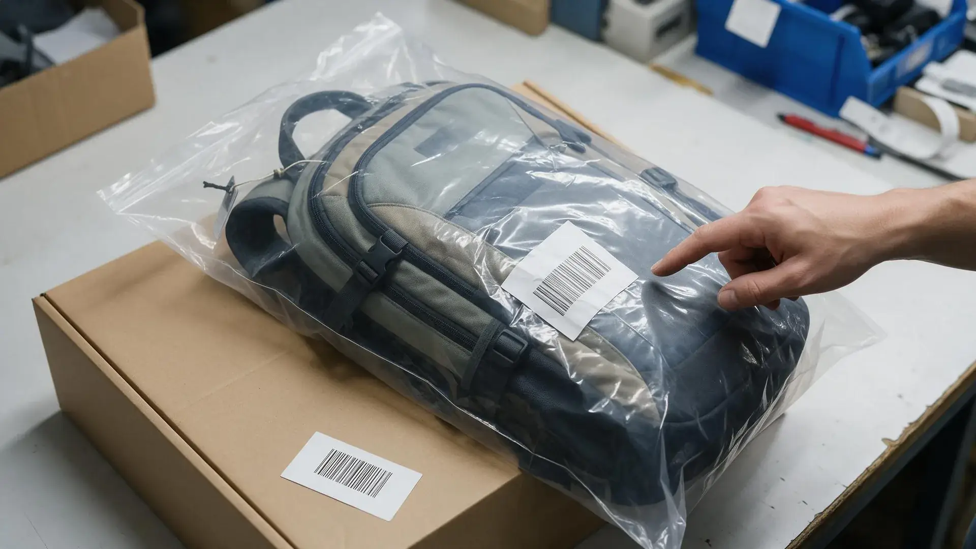 Packaged backpack inside a clear polybag with a barcode label wrinkled over a curved side seam during a bag sample approval checklist packaging review.