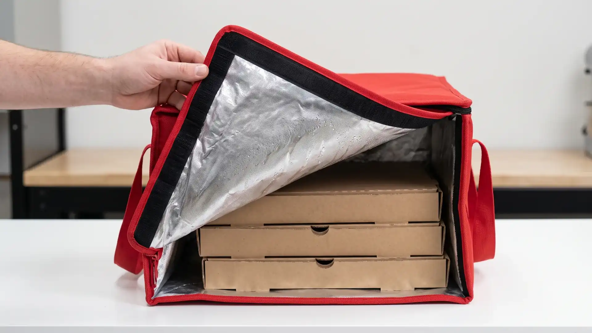 Commercial pizza delivery bag with partially open top flap showing condensation film on interior liner to release steam.