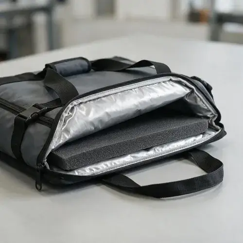 pizza-bag-layer-cross-section Commercial pizza delivery bag open cross-section showing outer shell, closed-cell foam insulation, reflective PEVA liner, and edge-bound seam for thermal retention and cleaning durability.
