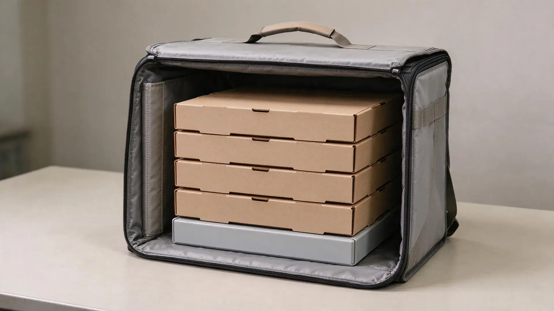 Commercial pizza delivery bag with a vertical stack of pizza boxes, rigid bottom insert, and reinforced sidewall panel for stack support.