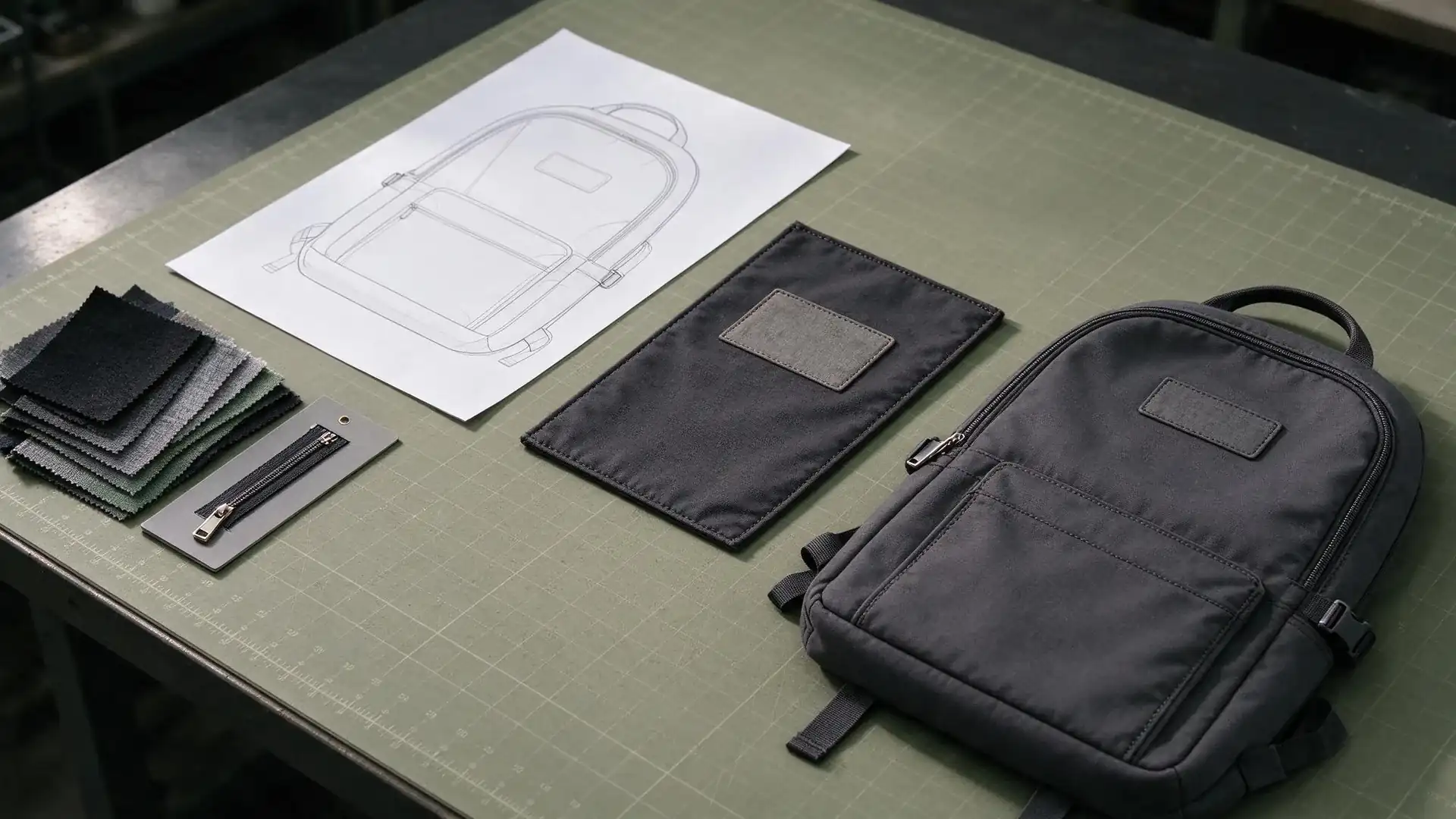 Pre-production approval table with sample backpack, fabric swatch cards, zipper trim card, and blank spec sheet, showing what buyers must lock before bag manufacturing lead time starts.