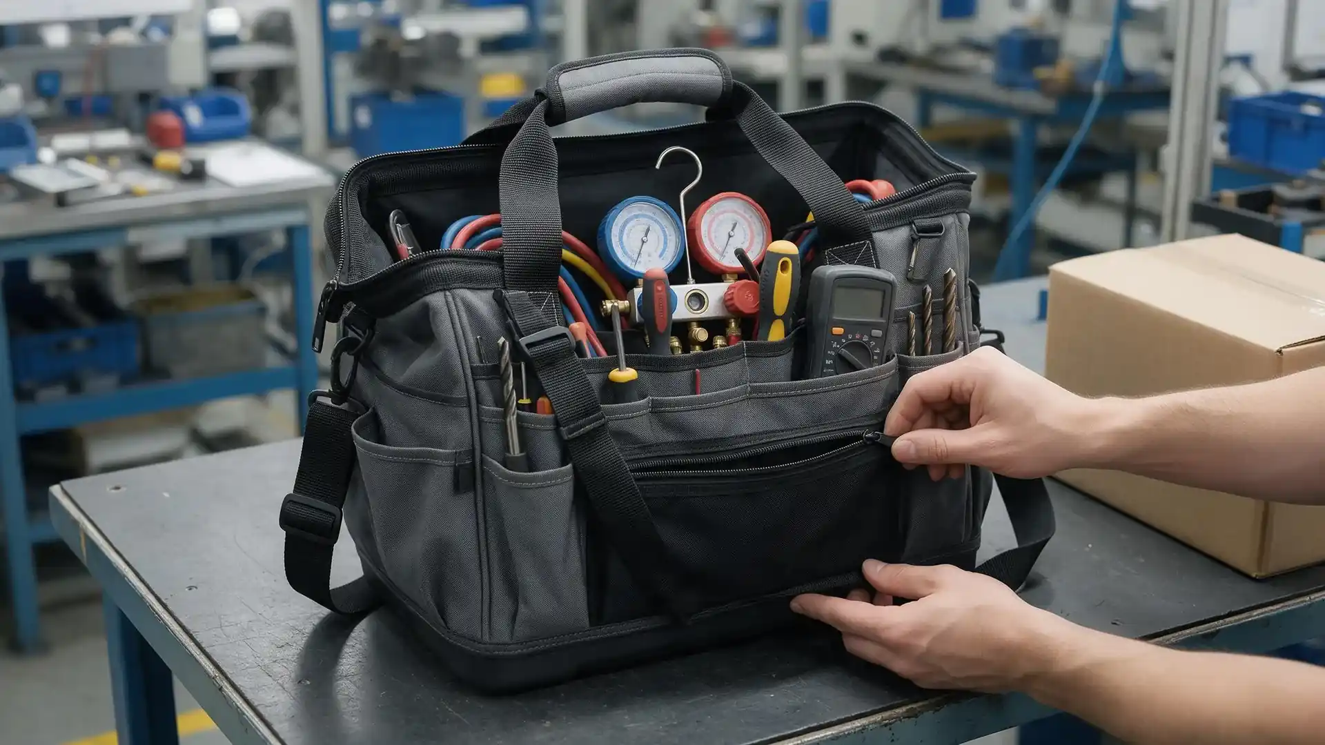 Pre-production inspection of a loaded open-top HVAC tool bag with manifold gauge, screwdrivers, multimeter, and unopened carton on a QC table, supporting HVAC tool bag vs technician backpack sample validation.