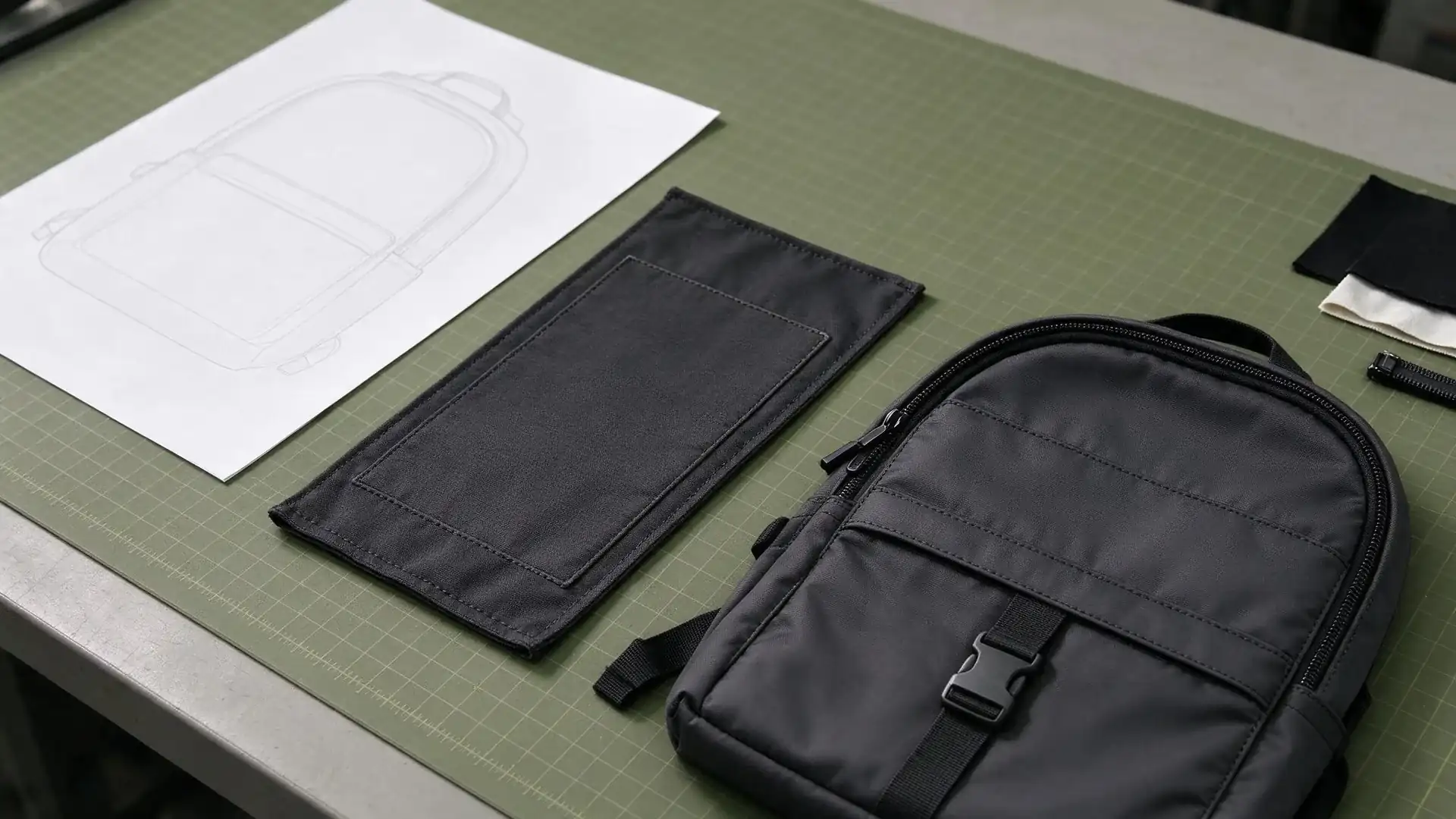 Custom bag prototype on a worktable with a printed tech pack, material swatches, and a seam ruler, showing what bag sample cost pays for.