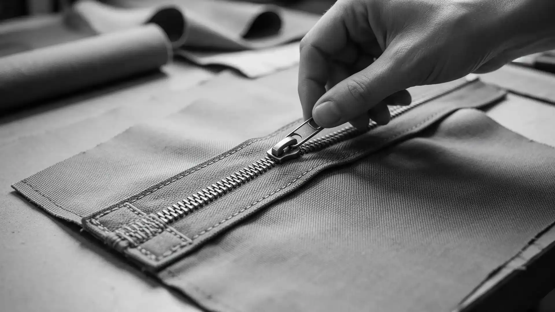 Sewn heavy duty bag zipper strip on woven polyester showing coil teeth, metal slider, wide tape edge, and bar-tack stitching at one end for component-level durability inspection.