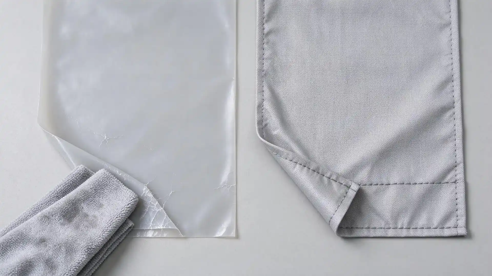 Flat lay comparison of a smooth EVA or PEVA wipe-clean liner swatch and a seamed textile liner swatch with a damp cloth for insulated grocery bags.