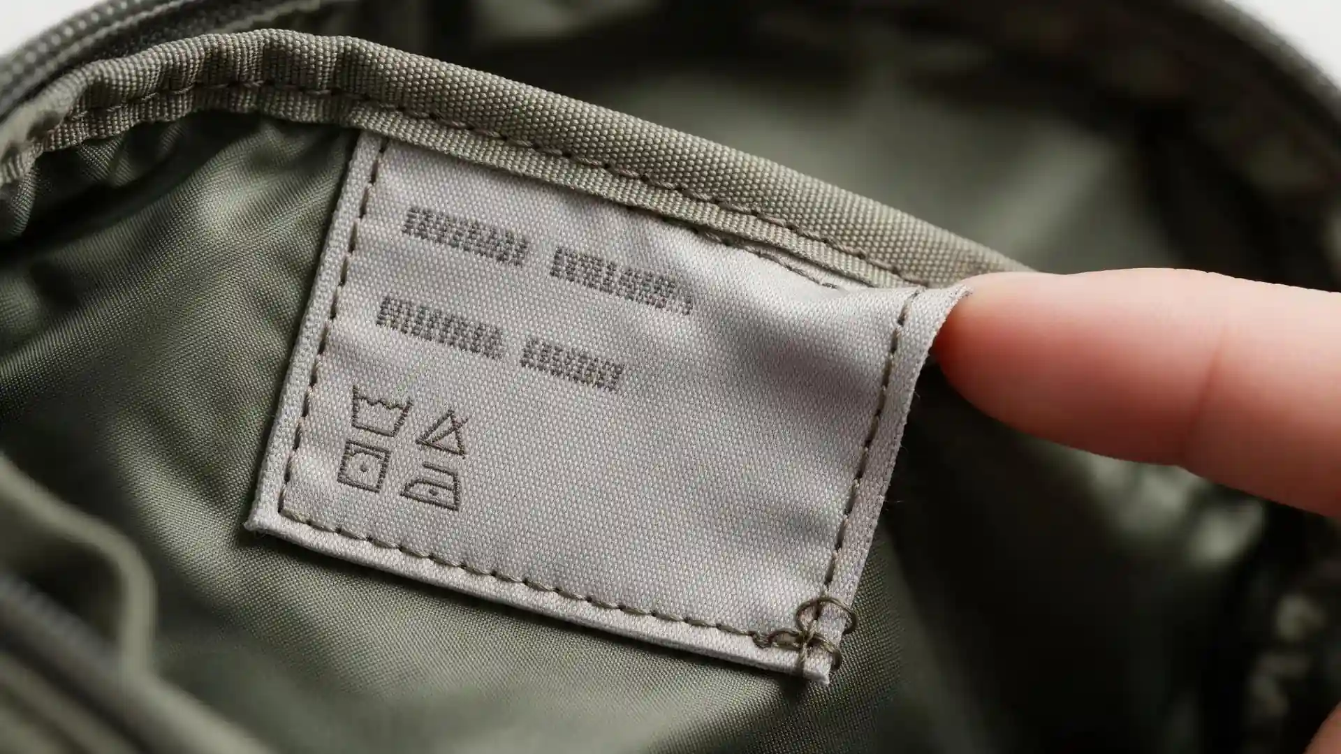 Macro view of a stitched country-of-origin and fiber-content label inside a backpack, the permanent label format importers approve for bag customs clearance.