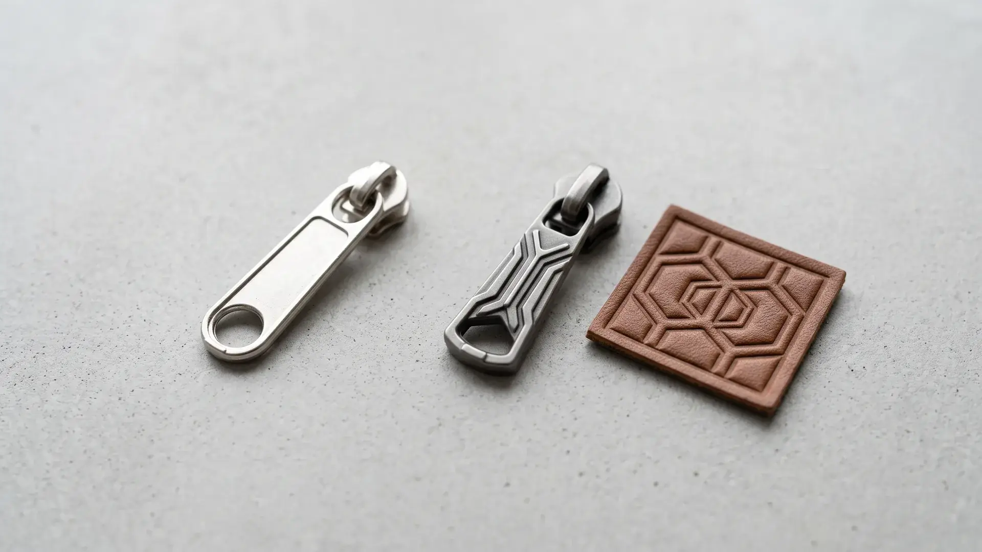 Stock metal zipper puller next to a custom molded zipper puller and embossed PU patch, illustrating mold fees for bags and why custom hardware creates setup charges.