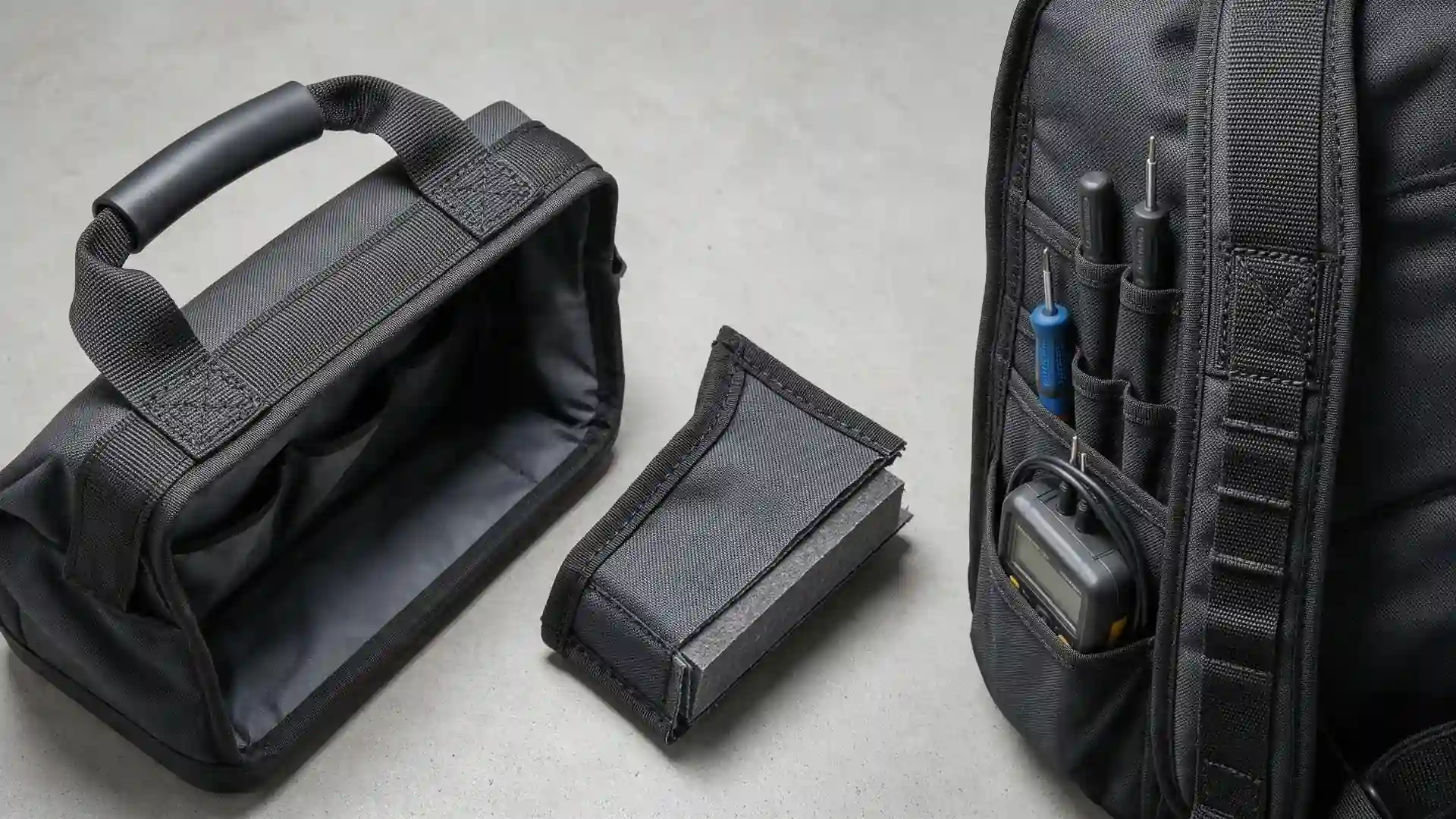 Flat-lay inspection of an open-top HVAC tool bag handle stitching, base corner cutaway, and technician backpack strap anchor with tools inserted, showing structural stress points for HVAC tool bag vs technician backpack sourcing.